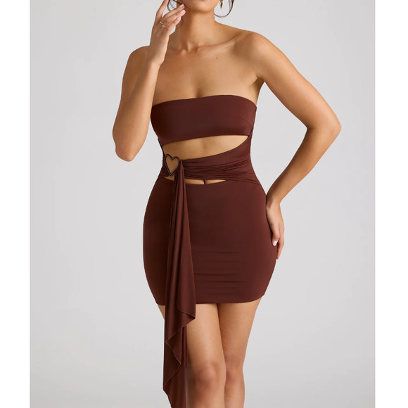 NWT Oh Polly Natalya Bandeau Mini Dress in Chocolate Brown US 4 - Picture 1 of 8